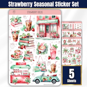 5 Strawberry Fields Sticker Sheets, Planner Stickers, Bullet Journal Stickers, Strawberry Watercolor Aesthetic Stickers, Seasonal Stickers