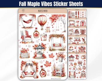 May include: Sticker sheets with a fall theme, featuring watercolor illustrations. The designs include maple leaves, a hot air balloon, a hammock, and a swing set. The color palette is dominated by warm reds, oranges, and browns, evoking autumn.