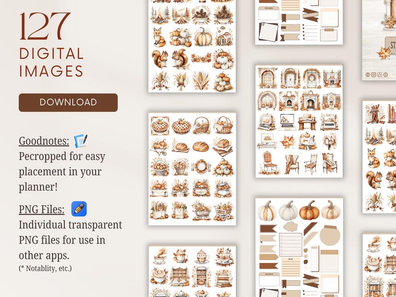 Autumn Aesthetic Digital Sticker Book with 127 professionally edited watercolor-style digital stickers. Includes a pre-cropped GoodNotes file and transparent PNGs for Notability, Penly, Samsung Notes, Xodo, and more. Instant digital download only—no physical product will be shipped.