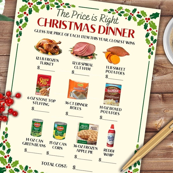 Juego de adivinanzas de precio para la cena de Navidad, cuestionario virtual imprimible para el día de Navidad para niños y adultos, divertido juego de trivia navideña para fiestas, precio correcto