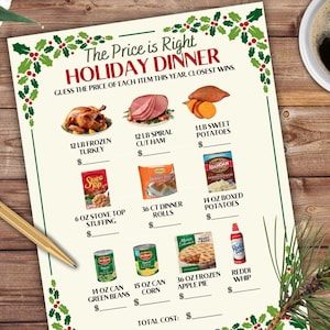 Holiday Dinner Guess Price Game Printable Virtual Xmas Day Quiz For Kids & Adults Fun Christmas Trivia Party Game Price Right Company Party