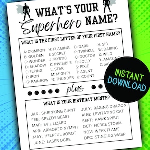 Whats Your Superhero Name Game Printable Superhero Party Game Family Kids Activity Comic Superhero Themed Birthday Game INSTANT DOWNLOAD