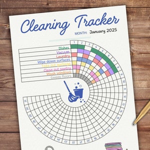 May include: A printed cleaning tracker for January 2025, featuring a circular design for tracking tasks like dishes and laundry. The page is accompanied by a cup of coffee, a pen, and a small plant on a wooden surface.