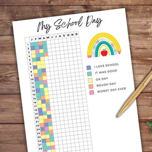 Op de afbeelding: Een printbare school-dagtracker met een regenboog- en appelafbeelding. De tracker heeft een raster voor elke dag van de maand en een kleurencode om de dag te beoordelen: Ik hou van school, Het was goed, Oké dag, Zware dag, Slechtste dag ooit.