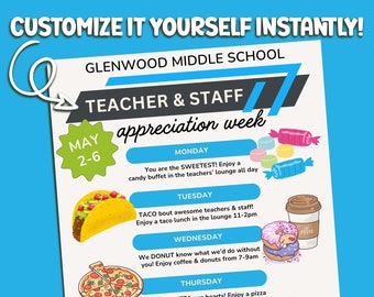 Teacher and Staff Appreciation Week Flyer Itinerary Flyer Template Sheet (Instant Download - Editable in Canva)