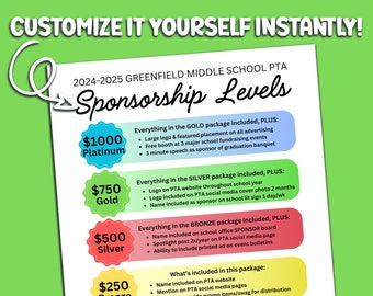PTO PTA Sponsorship Levels Form Editable Template Non-Profit Donation Form (Instant Download - Editable in Canva)