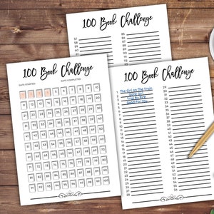 Könnte beinhalten: Eine druckbare Checkliste für 100 Buch-Herausforderungen mit einem Raster von 100 Quadraten und einer Liste von Buchtiteln. Die Checkliste soll Menschen helfen, ihren Leseprozess zu verfolgen.