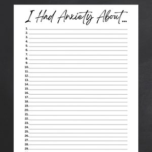 May include: A printable anxiety trigger tracker with the text "I Had Anxiety About..." and 31 numbered lines for writing.