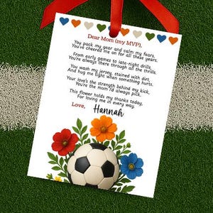 Poema de agradecimento de "Mãe do Futebol" de "Jogador" para impressão, Etiqueta de presente de Dia das Mães para flor em jogo de futebol, Amo minha mãe, DOWNLOAD INSTANTÂNEO