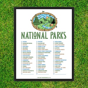 Nationalparks Checklist zum Ausdrucken | Nationalparks Travel Bucket List Poster | 16 "x 20" erkunden Reise Abenteuer Wandern Rucksack Camp Poster