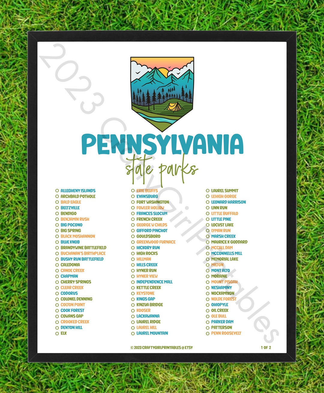Pennsylvania State Parks Checklist PRINTABLE 16x20 Explore PA Adventure