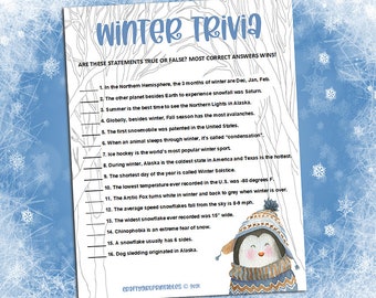 May include: A printable winter trivia game with 16 questions about winter. The questions are written in black text on a blue background with a white penguin illustration. The game is perfect for a winter party or gathering.