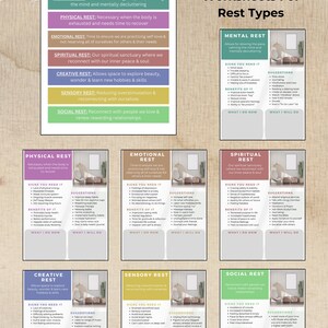 Puede incluir: Una infografía colorida titulada "Comprensión más profunda de los 7 tipos de descanso" con ilustraciones de diferentes tipos de descanso, incluyendo descanso mental, físico, emocional, espiritual, creativo, sensorial y social. Cada sección incluye señales de que lo necesitas, beneficios, qué hacer ahora y qué harás.
