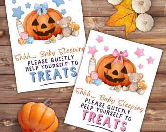 Shhh Baby is Sleeping Printable Sign Please Quietly Help Yourself to Treats Sign Halloween Trick or Treat Don&#39;t Ring Doorbell Do Not Disturb
