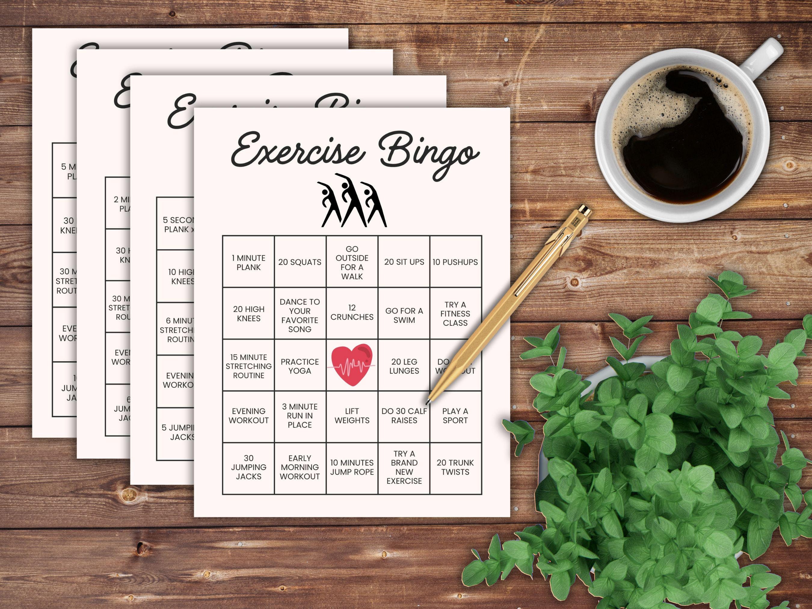 Exercise Bingo Game Printable Journal Page Beginner to Advanced 4 ...