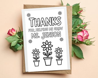 Teacher Appreciation Card PRINTABLE Coloring Page | PERSONALIZED Thanks Helping Me Grow Teacher Para Card Ready To Print | Instant Download