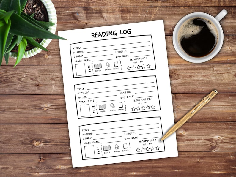 May include: A printable reading log with three sections for recording book details. Each section includes fields for title, author, genre, start date, end date, length, type, and a five-star rating system for recommending the book.