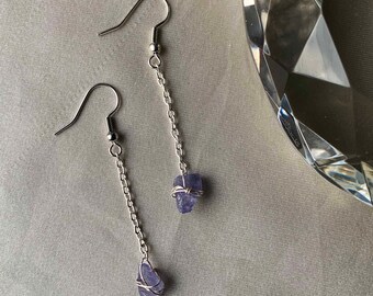 Purple Tanzanite Drop Earrings Wire Wrapped in Silver or Gold