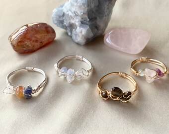 Wire Wrapped Rings in Silver or Gold. Agate Mix, Opalite, Tiger&#39;s Eye, and Quartz Mix