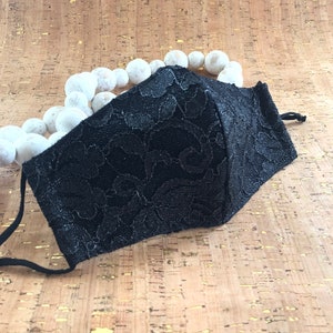 Handmade Black Metallic Lace Face Mask: 3D Contoured, Reusable, Filter Pocket