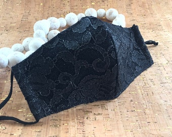 Handmade Black Metallic Lace Face Mask: 3D Contoured, Reusable, Filter Pocket