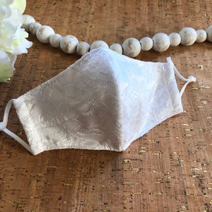 Handmade Bridal Mask White Lace on Satin w/Filter Pocket, 3 Layer Contoured 3D Face Mask, Handcrafted Reusable Face Cover
