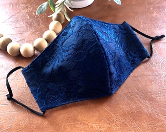 Handmade Navy Blue Lace Face Mask: 3-Layer Cotton, Filter Pocket