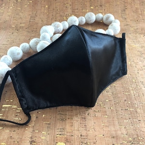Handmade Black Satin Face Mask: Glam Reusable Mask with Filter Pocket