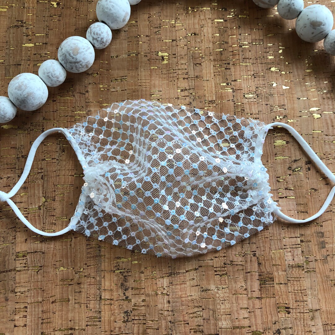 Translucent Fabric Mask Handmade Iridescent Sequin Mesh Mask Cover, Transparent Reusable Face ...