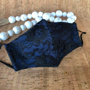 Handmade Navy & Black Lace Face Mask: 3-Layer Cotton, Filter Pocket