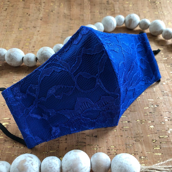 Handmade Glam Royal Blue Lace Mask w/Filter Pocket, 3 Layer Contoured Cotton Face Mask, Handcrafted Reusable Face Cover