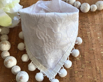 White Satin & Lace Pom Pom Dog Bandana / Pet Bandana Wedding Bridal Party / Special Occasion Pet / Fancy Pet