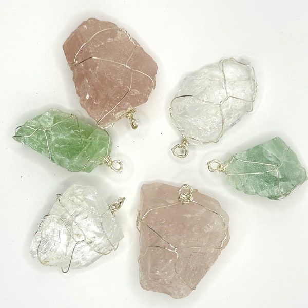 Large raw crystal wrapped pendants - Rose Quartz,  Quartz Crystal,  Green Aventurine