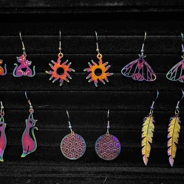 Earrings!  Rainbow shimmer iridescent -  So cute!  Cats, moth, feathers, filigree