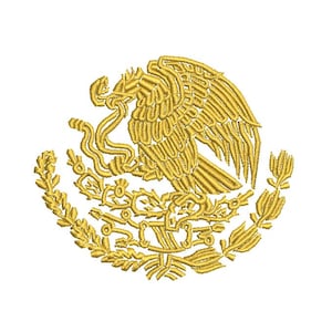 May include: Embroidered gold emblem of the Mexican coat of arms, featuring an eagle with a snake in its beak, perched on a cactus. The design is surrounded by a wreath. The emblem is on a white background.