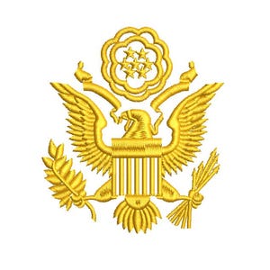 May include: Embroidered gold-colored Great Seal of the United States. The design features a bald eagle with outstretched wings, a shield, olive branch, arrows, and a cluster of stars. The image is set against a white background.