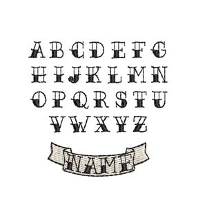 Peut inclure: Broderie noire de l'alphabet de A à Z dans un style tatouage classique, avec une bannière « NAME ». Les lettres sont en gras, police serif, parfait pour les créations personnalisées.