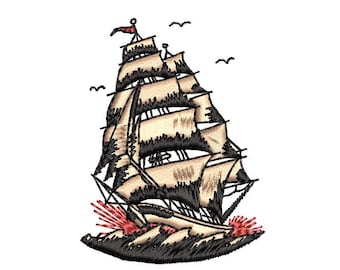 Archivo de bordado a máquina de barco de vela, diseño de tatuaje tradicional americano (tamaño pequeño)