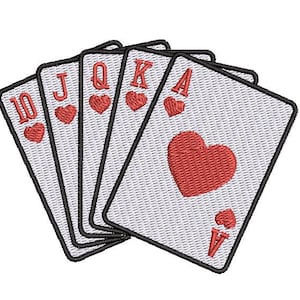 May include: A set of playing cards, all hearts, showing the 10, Jack, Queen, King, and Ace. The cards are arranged in a fan shape with the Ace on top.