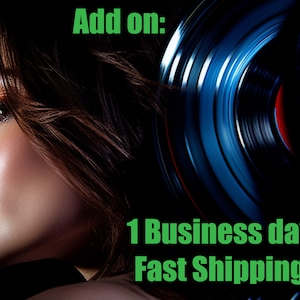 May include: Add on: 1 Business day Fast Shipping. A close-up of a woman's face with bright red lipstick and a blurred background of a spinning record.