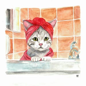 Cute Cat in Bathtub Printable Wall art, Cat Taking a Bath in Tub Bathroom Art Print
