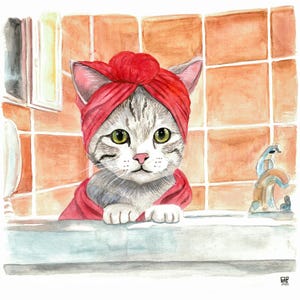 Cat in Bathtub, Watercolor Art Print