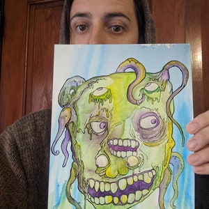 Self Portrait Print, Watercolor alien abstract surreal comic art print painting weird horror dartk trippy psychedelic teeth eyes dark art