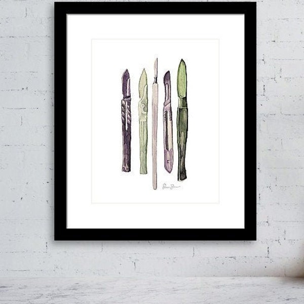 Scalpels Watercolor Print - Surgical Tools - Surgical Art - Abstract Anatomy Art - Medical Gift - Surgeon Gift - Graduation gift