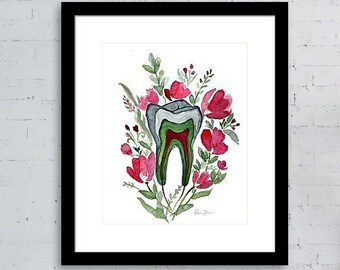 May include: Watercolour painting of a tooth surrounded by pink flowers and green leaves. The tooth is shown in cross-section, revealing its different layers.