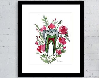 First Molar Watercolor Floral Painting - Dental Art - Abstract Anatomy Art - Medical Gift - Dental Wall Art - Dental Gift - Graduation gift