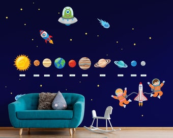 Solar System and Space | WALL DECAL Set - Stickers Fun Kids Bedroom Nursery Room Playroom Children School Primary Astronaut Alien UFO stars