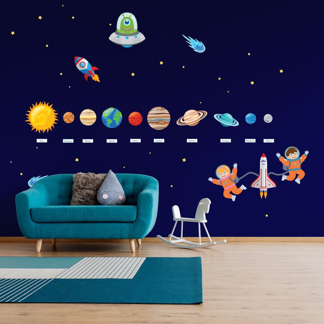 Kinderzimmer Schule Weltraum Set und Kinderzimmer Alien UFO Kinderzimmer Sterne Aufkleber Kinderzimmer WANDTATTOO Sonnensystem Grund astronaut