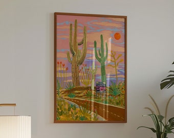 Saguaro Cactus Highway Wall Art Print | California Arizona Travel Poster | Desert Landscape Decor | Vintage Western Agave Ocotillo Sunset