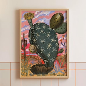 Vintage Feigenkaktus Wand Kunst Poster | Bunte Retro Wüstenpflanze Collage | Arizona Texas Reise Poster | Midcentury Modern Dekor
